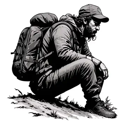 Mountain Dweller With A Backpack Mi Man Mi Bouquetin Seated In The Mountains