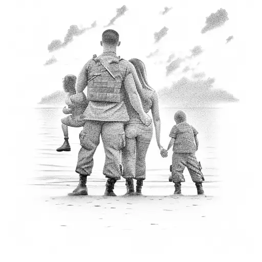 Military Soldier Embracing Their Family On A Beach At Sunset