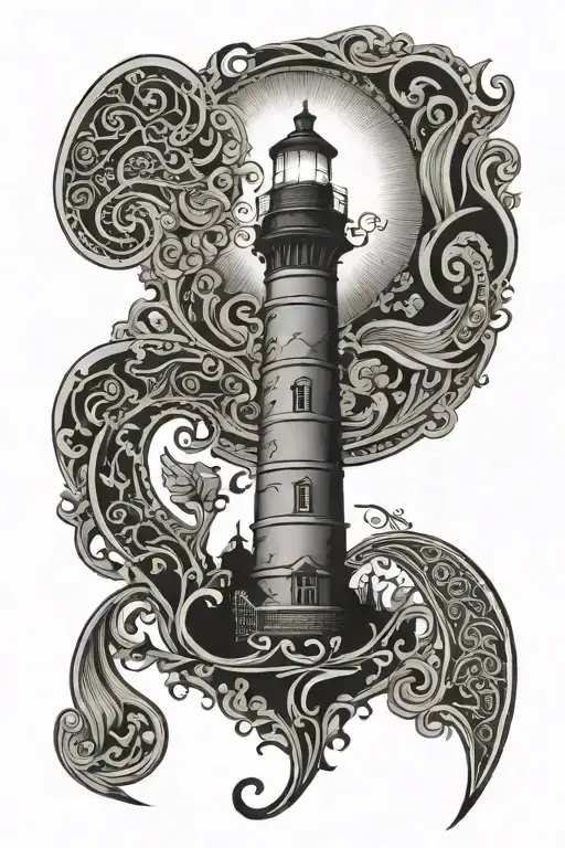 Lighthouse With Paisley Back Ground Curled Up Black