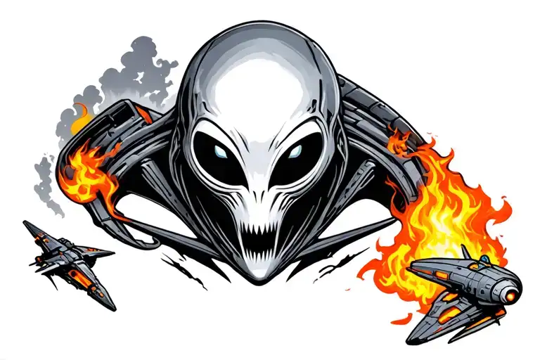Mean Alien Tattoo With Spaceships And Fire