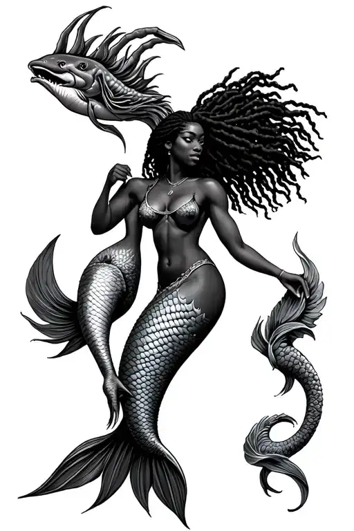 African Mermaid Worrier With Locs Holding Triton