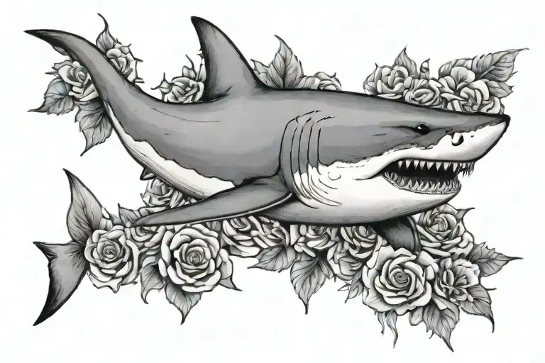 Great White Shark With Flowers Surrounding