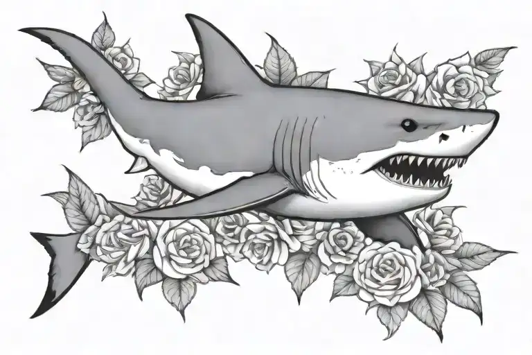 Great White Shark With Flowers Surrounding