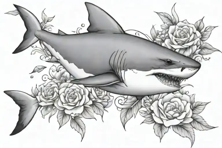 Great White Shark With Flowers Surrounding
