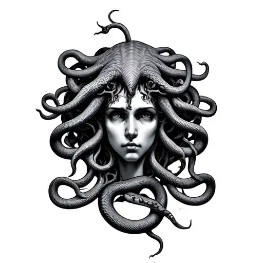 Medusa Head In Center Of Chest With Snakes Going Along Collarbones