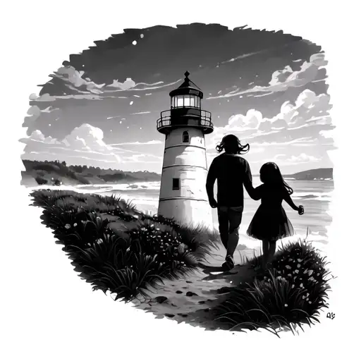 Father And Daughter Walking With Light House