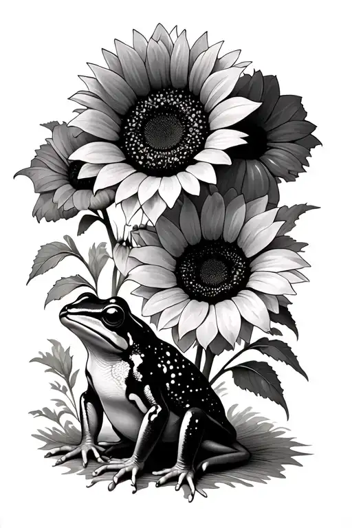 Two Small Frogs With Sunflower And Poppies Blooming