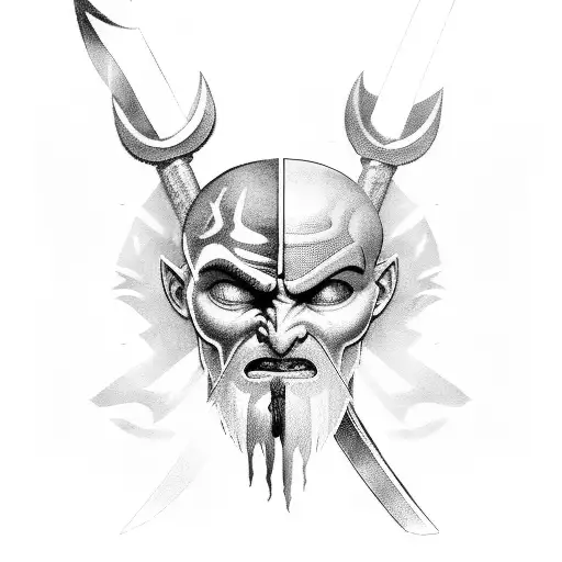 Kratos Face With One Of His Swords In The Background And His Ax