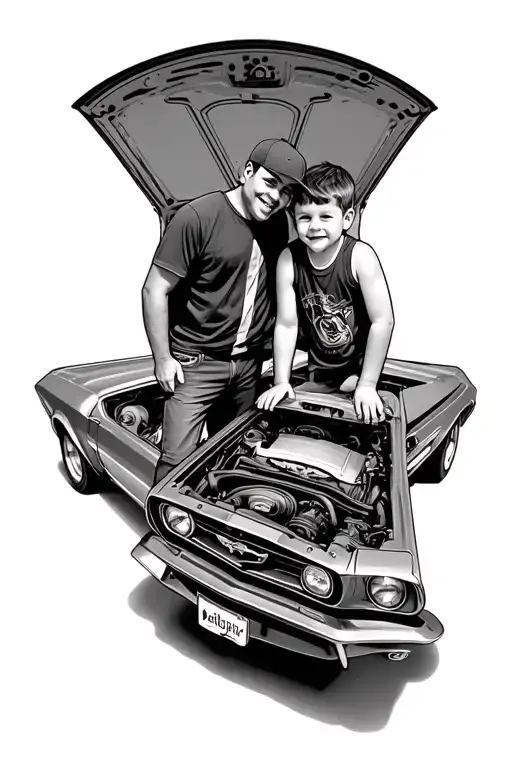 Father And Young Son Leaning Over The Engine Bay Of An Old Mustang