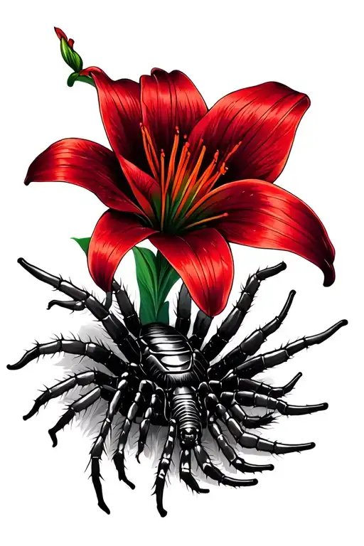 Centipede Wrapped Around Red Spider Lily Flower