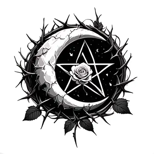 Crescent Moon Rose Pentagram Inside Surrounded By Thorns