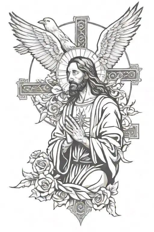 Jesus Christ Praying With Doves And Crosses