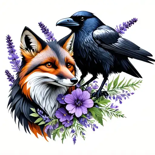 Fox And Raven With Lavender Flowers