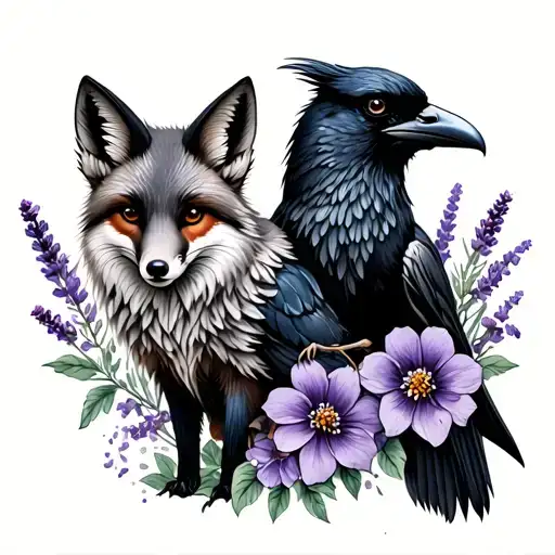 Fox And Raven With Lavender Flowers American Traditional