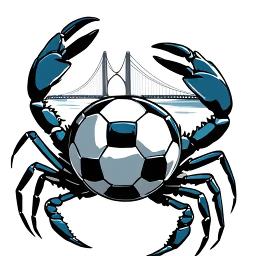 Maryland Blue Crab Holding A Soccer Ball With Chesapeake Bay Bridge In The Background