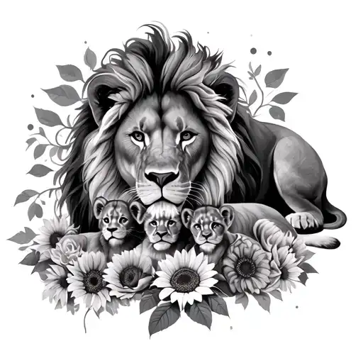 Lion With 4 Cub Laying With Sunflowers And Roses