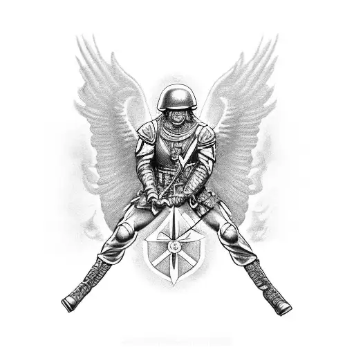 A Black-grey Tattoo Of A Soldier Airborne With St Michael's Sword As A Watch Hand