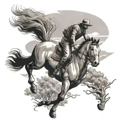 A Guy Riding A Horse In An Open Field With Trees