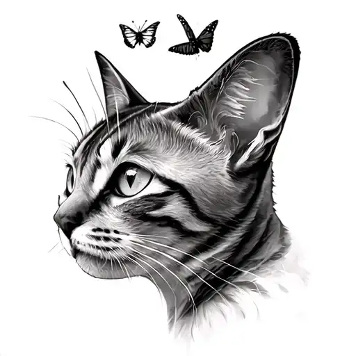 Catface Profile And Butterflie Flying In A Line