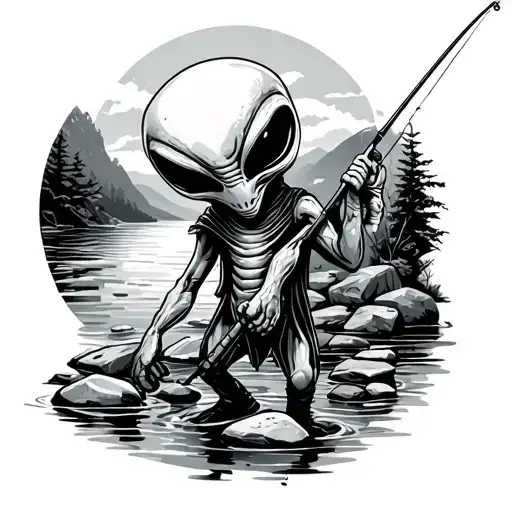 Alien With Fishing Rod In Hand And In The Backround River And River Rocks