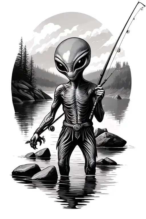 Alien With Fishing Rod In Hand And In The Backround River And River Rocks