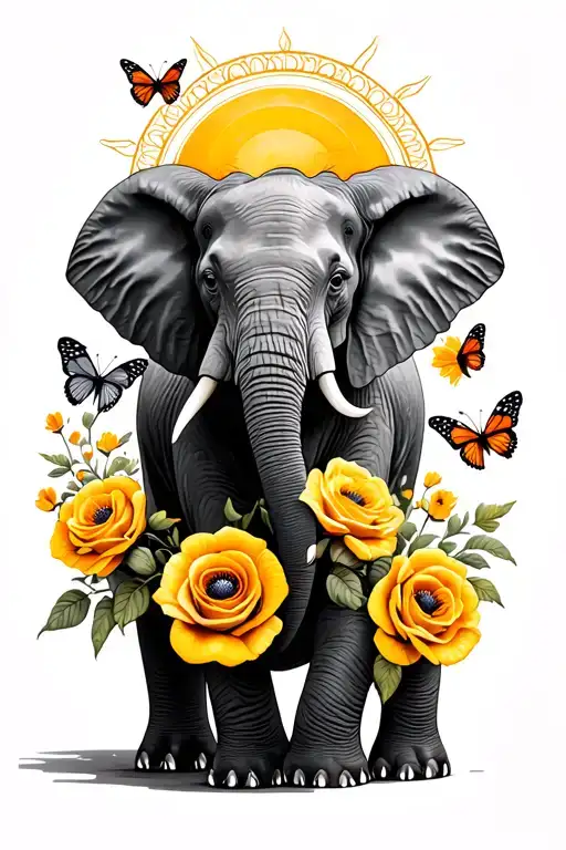 Elephant With Poppys And Yellow Roses Surronded With Butterflies And A Sun