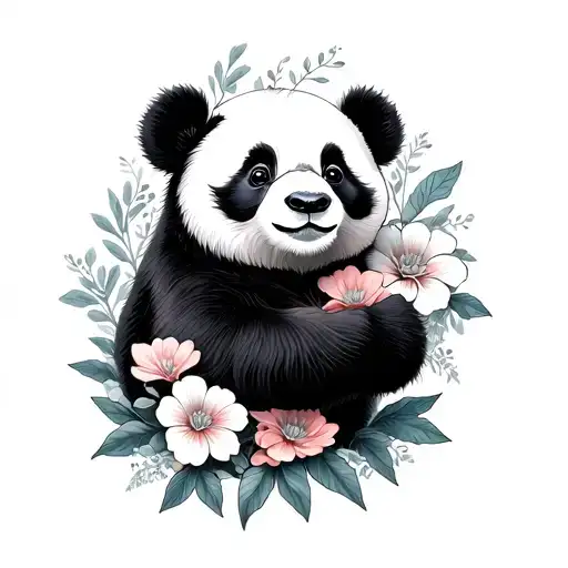 Playful Panda With Flowers