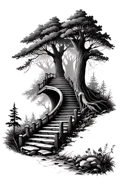Forest Scene With A Hidden Path Leading To Stairs