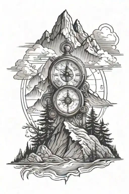 Mountain With Compass And Clock
