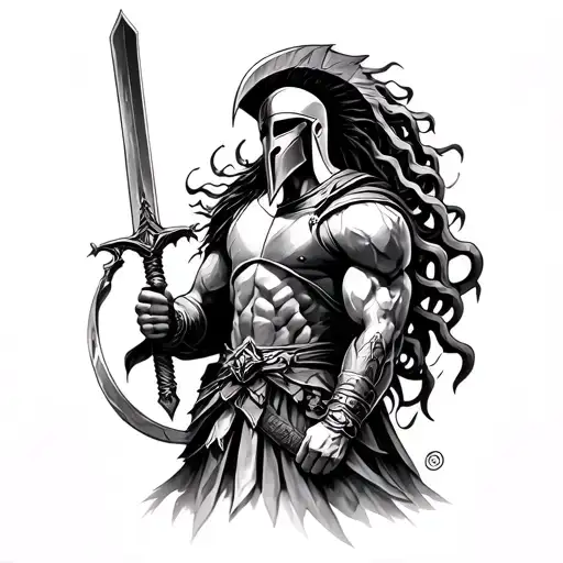 Make A Spartan With A Sword In One Hand And A Medusa Head In The Other Hand In Black And White