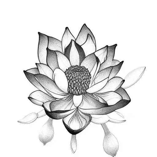 A Black-grey Tattoo Of A Dancer Gracefully Leaping Amidst Blooming Thai Lotus Flowers