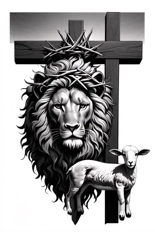 Lion With Crown Of Thorns Inside A Cross With A Lamb At The Foot Of The Cross