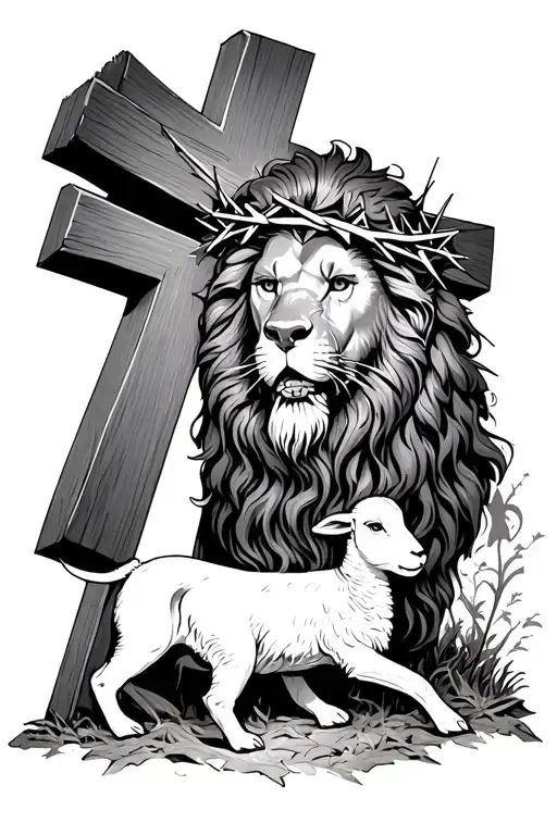Lion With Crown Of Thorns Inside A Cross With A Lamb At The Foot Of The Cross