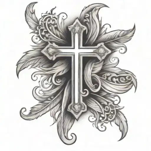 Old Style Christian Cross With Feathers