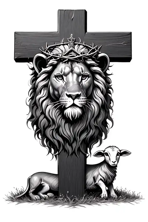 Lion With Crown Of Thorns Inside A Cross With A Lamb At The Foot Of The Cross