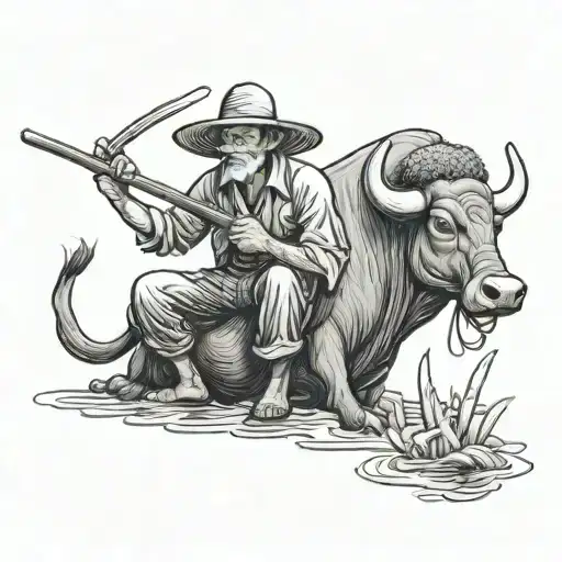 Straw Hat Farmer Playing Flute Siting On Water Buffalo