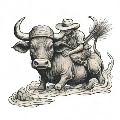 Straw Hat Farmer Sitting On Water Buffalo Playing The Flute