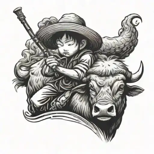 Straw Hat Kid Farmer Sitting On Water Buffalo Playing The Flute