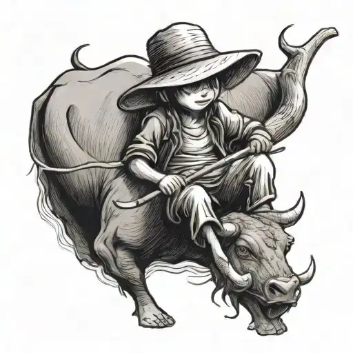 Straw Hat Kid Sitting On Water Buffalo Playing The Flute