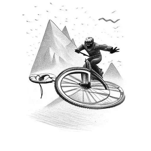 A Black-grey Tattoo Of A Mountain Bike Jumping Over A Barbed Wire Obstacle