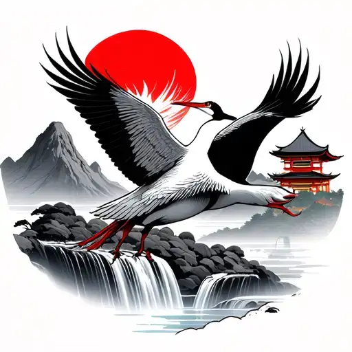 Japanese Crane Flying With Red Sun Waterfalls And Mountains And Japanese Temple