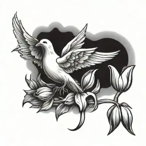Dove With Tulips Flying To The Gates Of Heaven