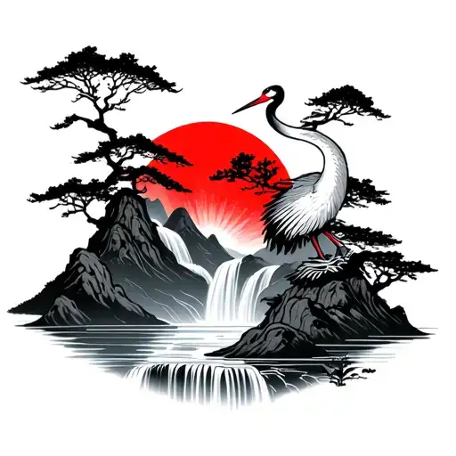 Japanese Crane Tori Gate Waterfalls Red Sun Mountains