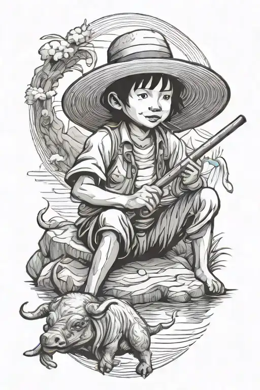 Straw Hat Kid Farmer Sitting On Water Buffalo Playing The Flute