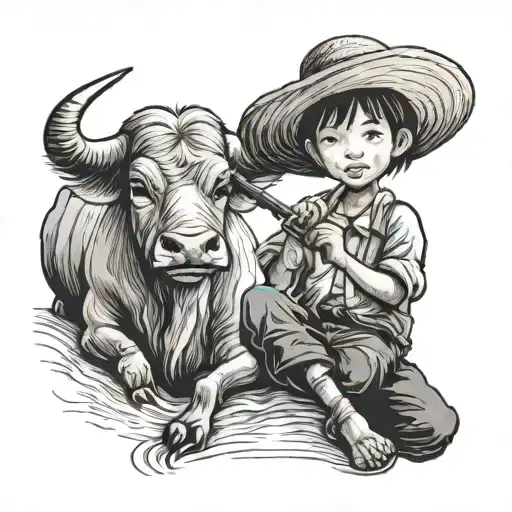Straw Hat Kid Farmer Holding Flute Sitting On Water Buffalo
