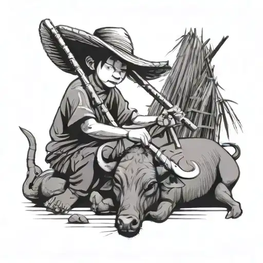 Straw Hat Child Farmer Playing Bamboo Flute Siting On Water Buffalo