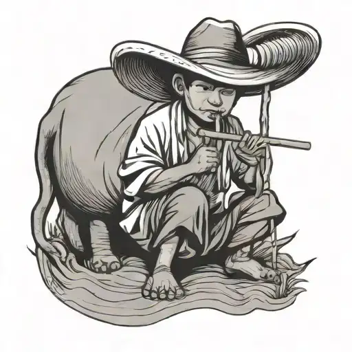 Straw Hat Child Farmer Playing Bamboo Flute Siting On Water Buffalo
