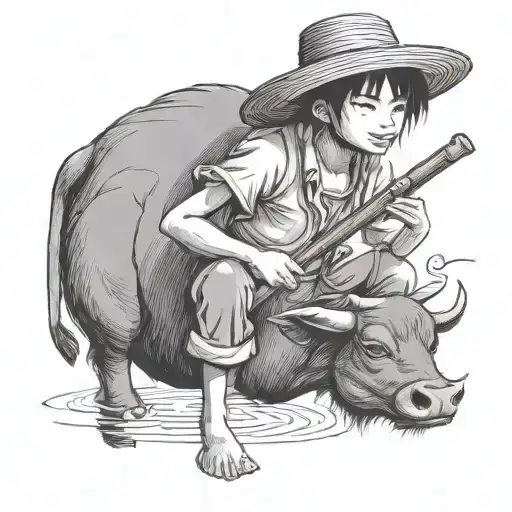 Straw Hat Child Farmer Playing Bamboo Flute Siting On Water Buffalo