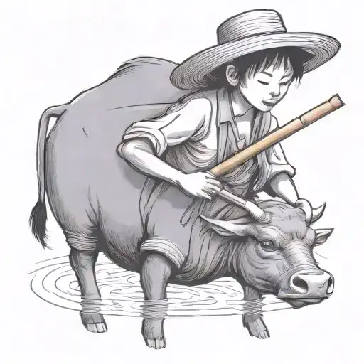 Straw Hat Child Farmer Playing Bamboo Flute Siting On Water Buffalo