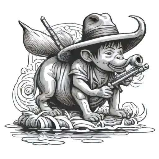 Straw Hat Kid Farmer Sitting On Water Buffalo Playing The Flute